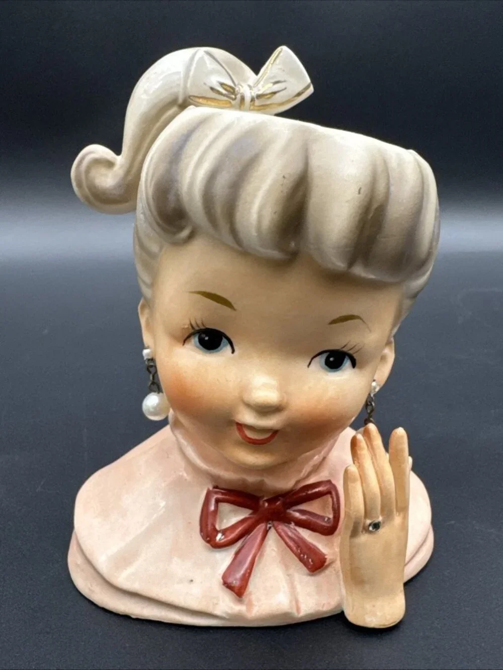 VTG 50’s Head Vase Pink Ponytail Pearl Earring Engagement Ring Bow Girl Ceramic